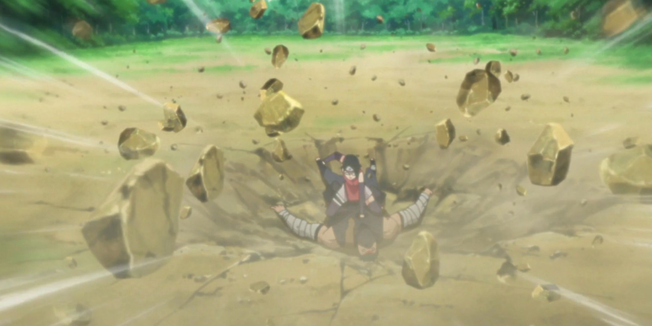 Sarada uses Cherry Blossom Impact to create a crater with an opponent in Boruto