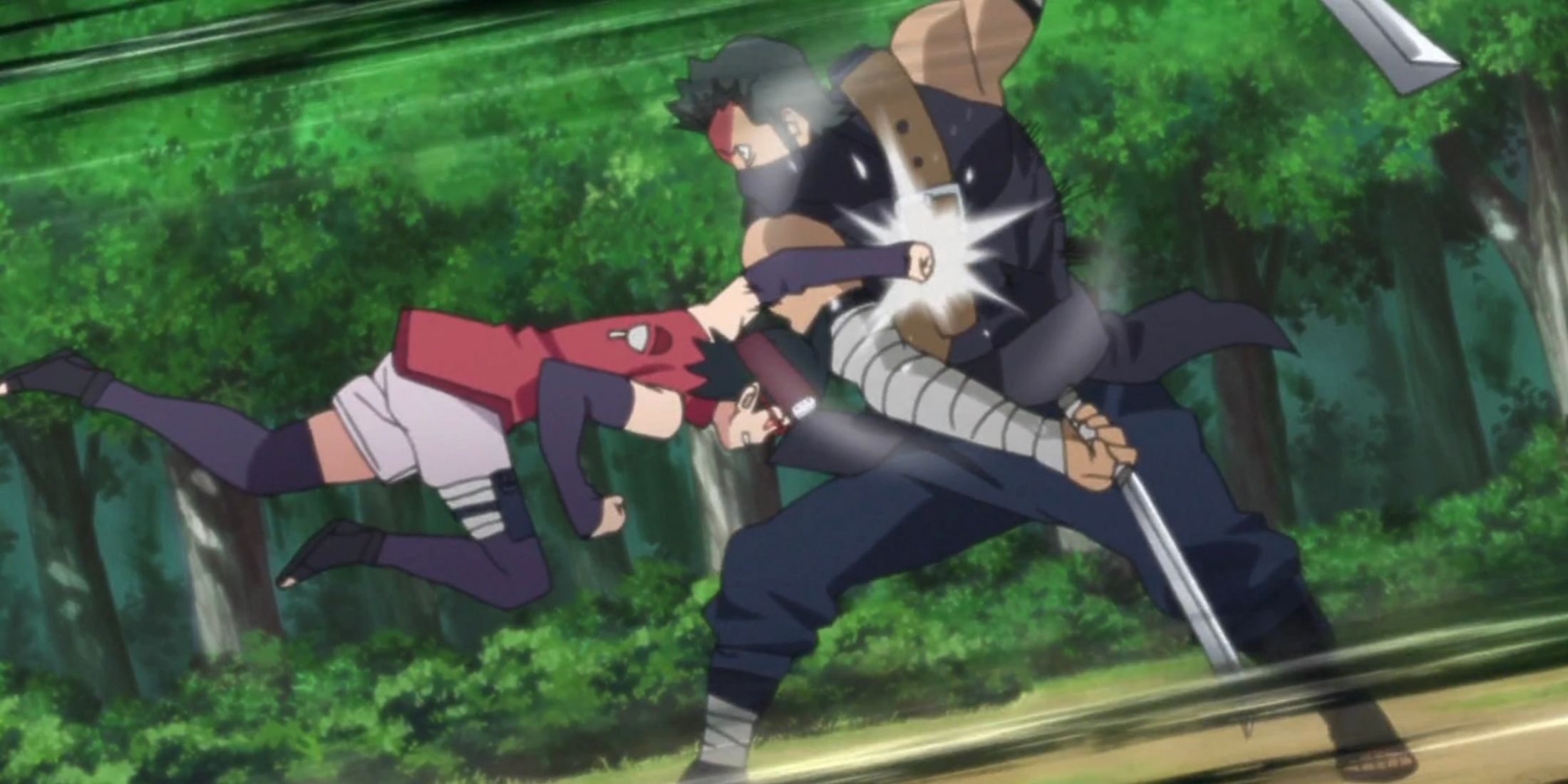 Sarada uses her left hand to punch an opponent in Boruto