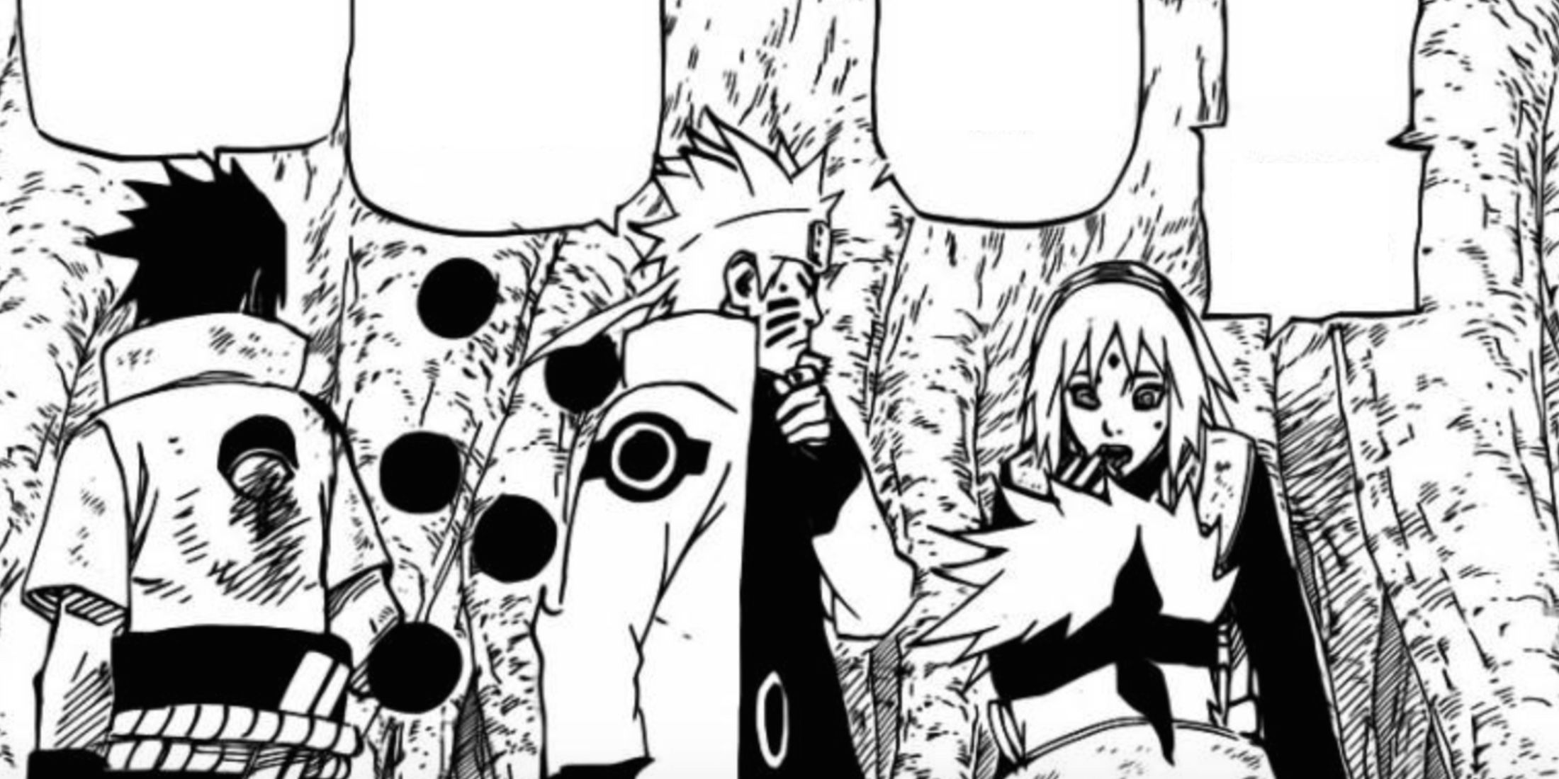 Sasuke, Naruto, and Sakura talking in front of Kakashi during the war in the manga