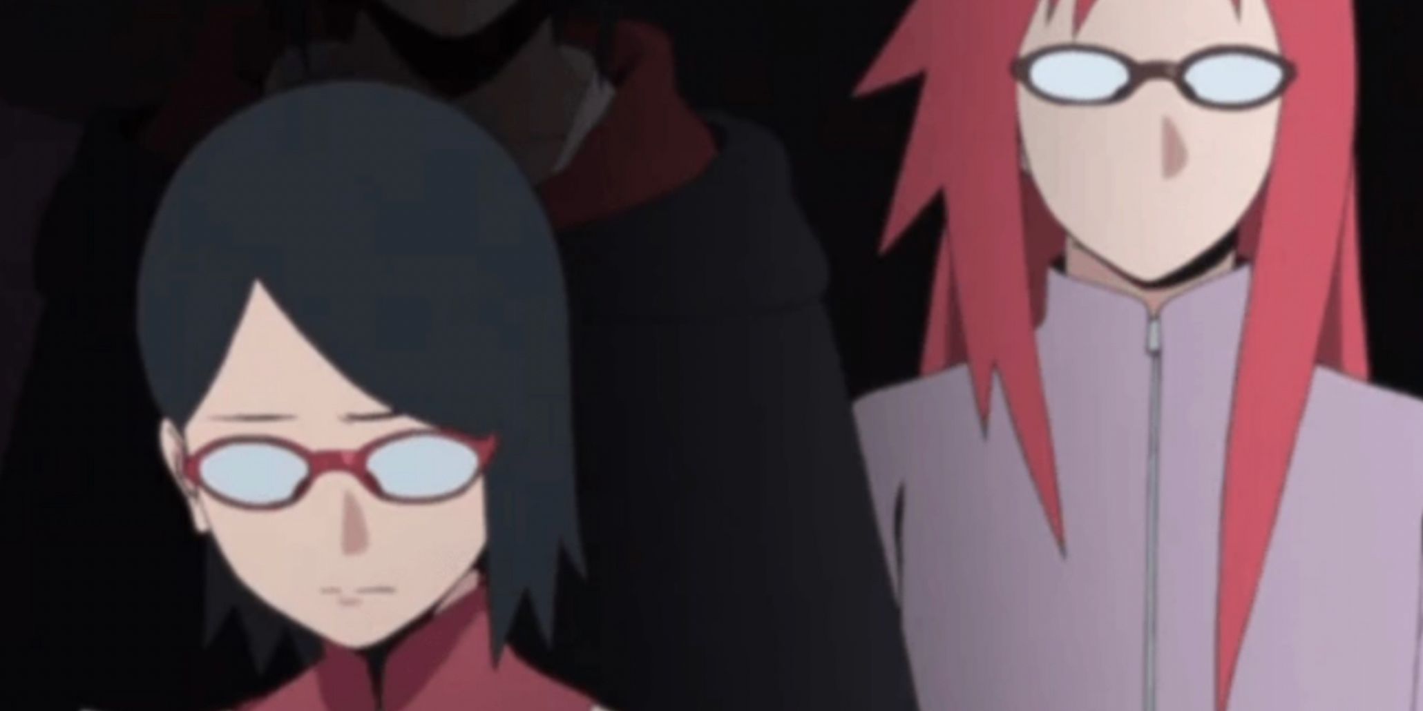 Sasuke and Karin as they appear in Naruto Shippuden are behind Sarada in a Boruto scene