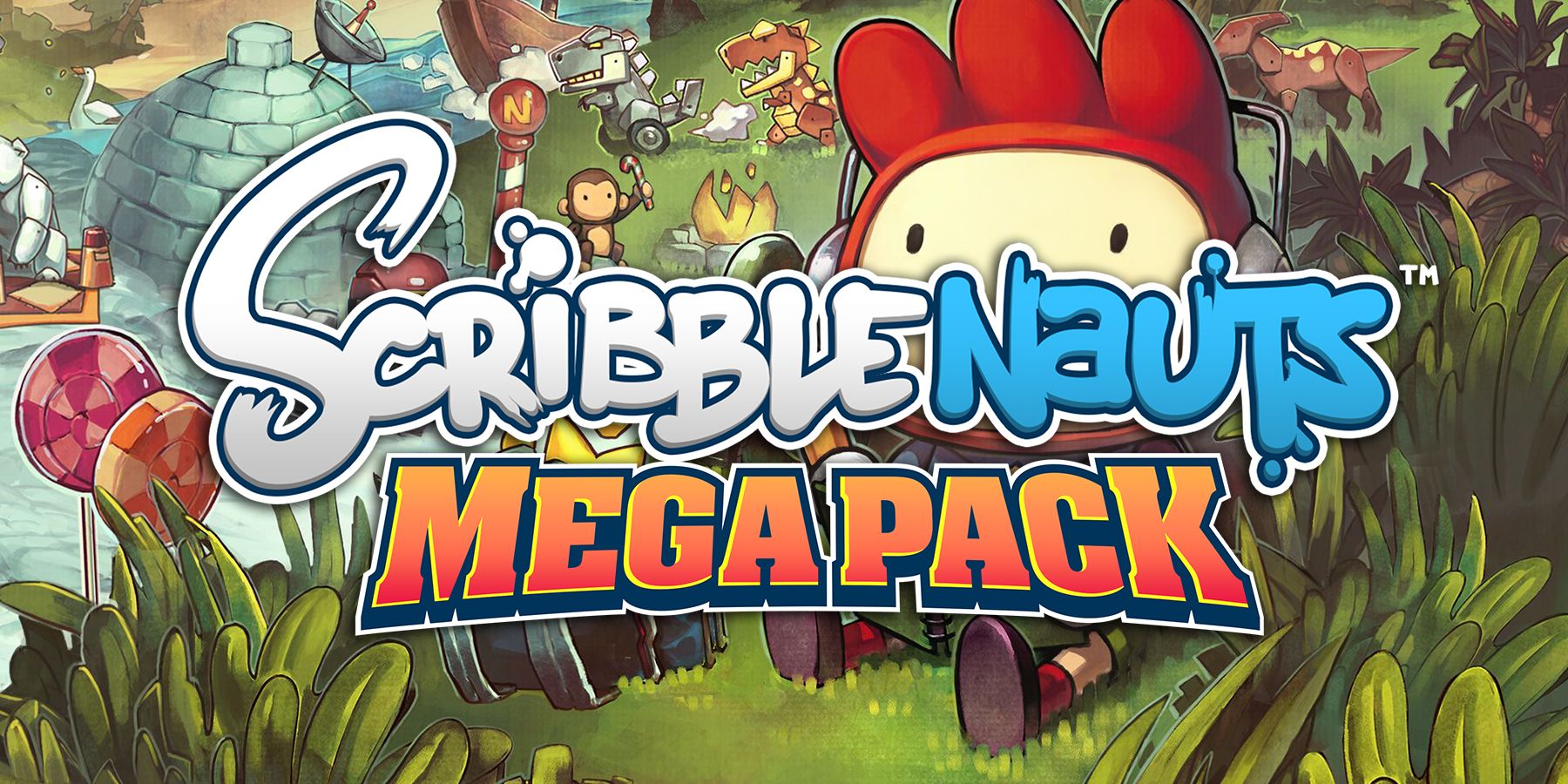 Arte da capa do Scribblenauts Mega Pack com o texto exibindo o título com o protagonista atrás dele.