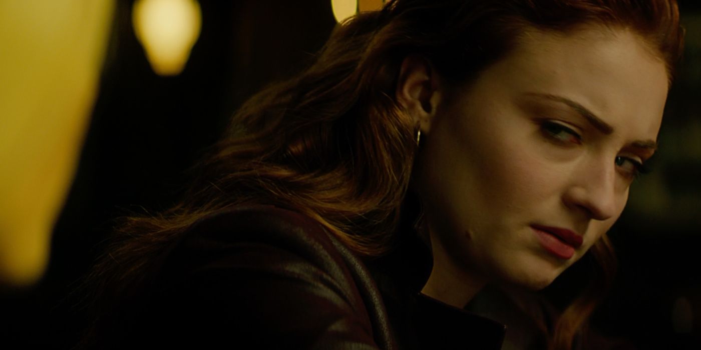 Sophie Turner as Jean Grey in leather jacket in X-Men Dark Phoenix
