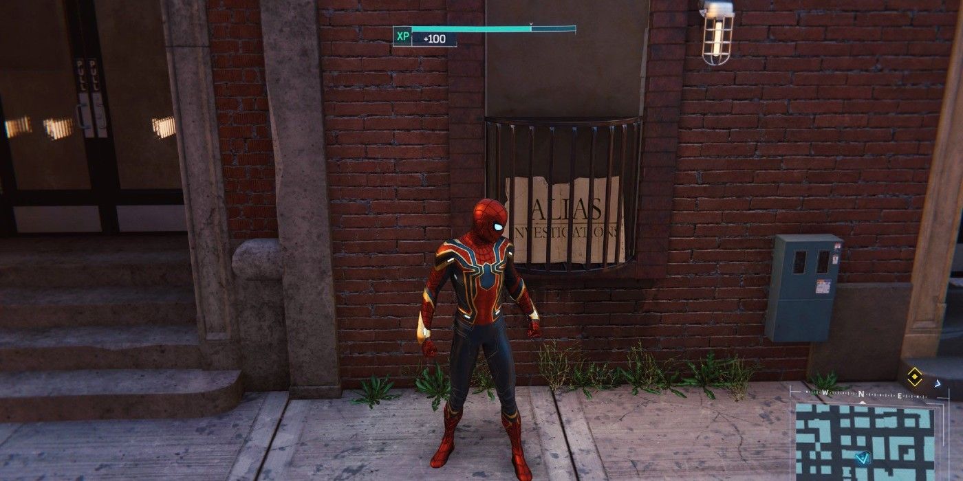 Spider-Man outside the Alias Investigations building in Marvel's Spider-Man.