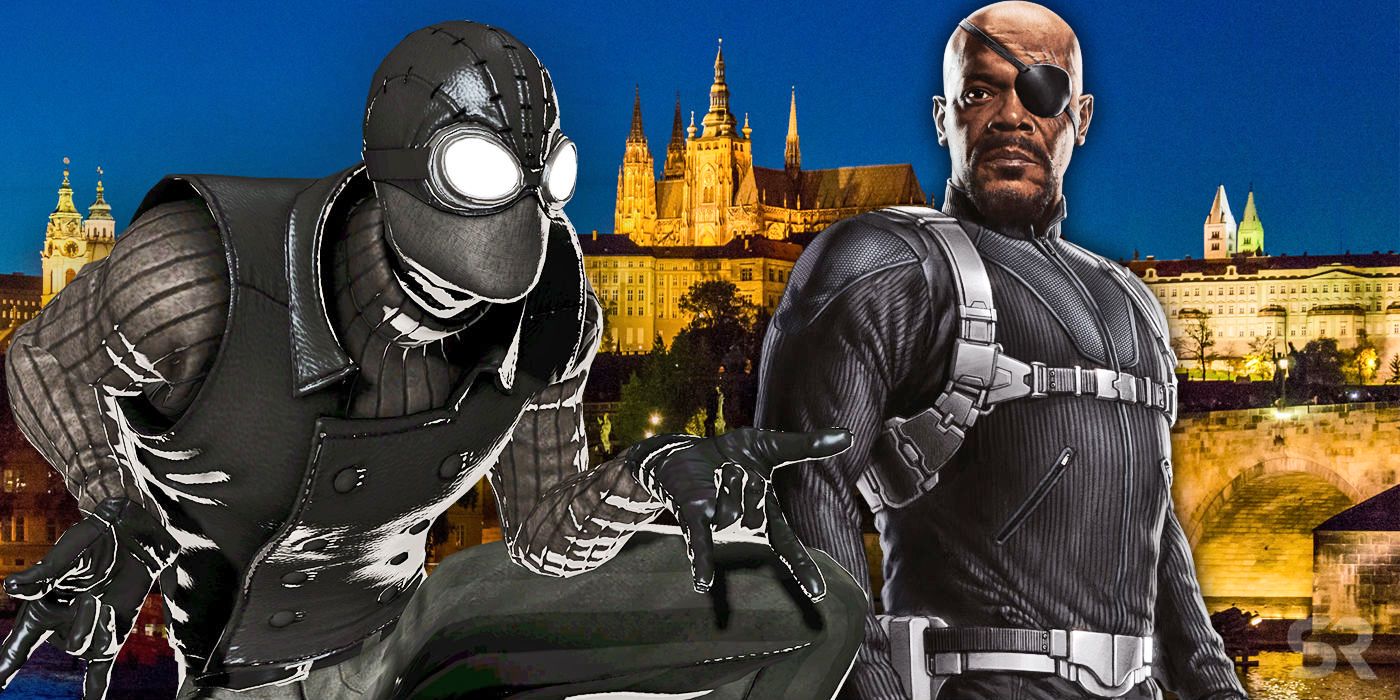 Spider-Man Black Suit in Far From Home with Nick Fury in Prague
