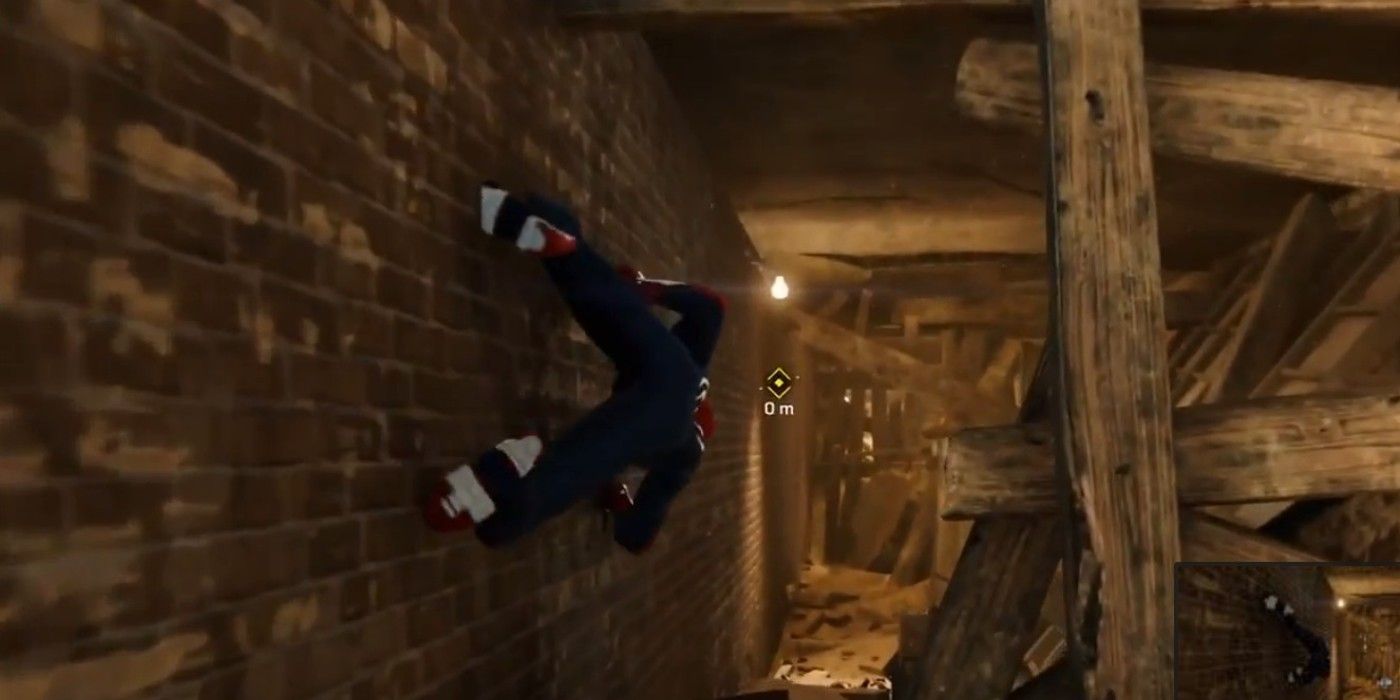 Spider-Man crawls through a tunnel on PS4