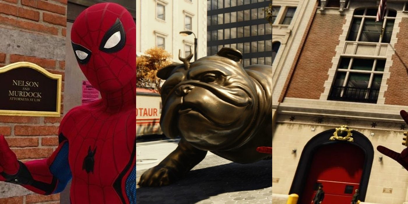Split image of Nelson and Murdock sign, Lockjaw and Ghostbusters building Spider-Man PS4 feature