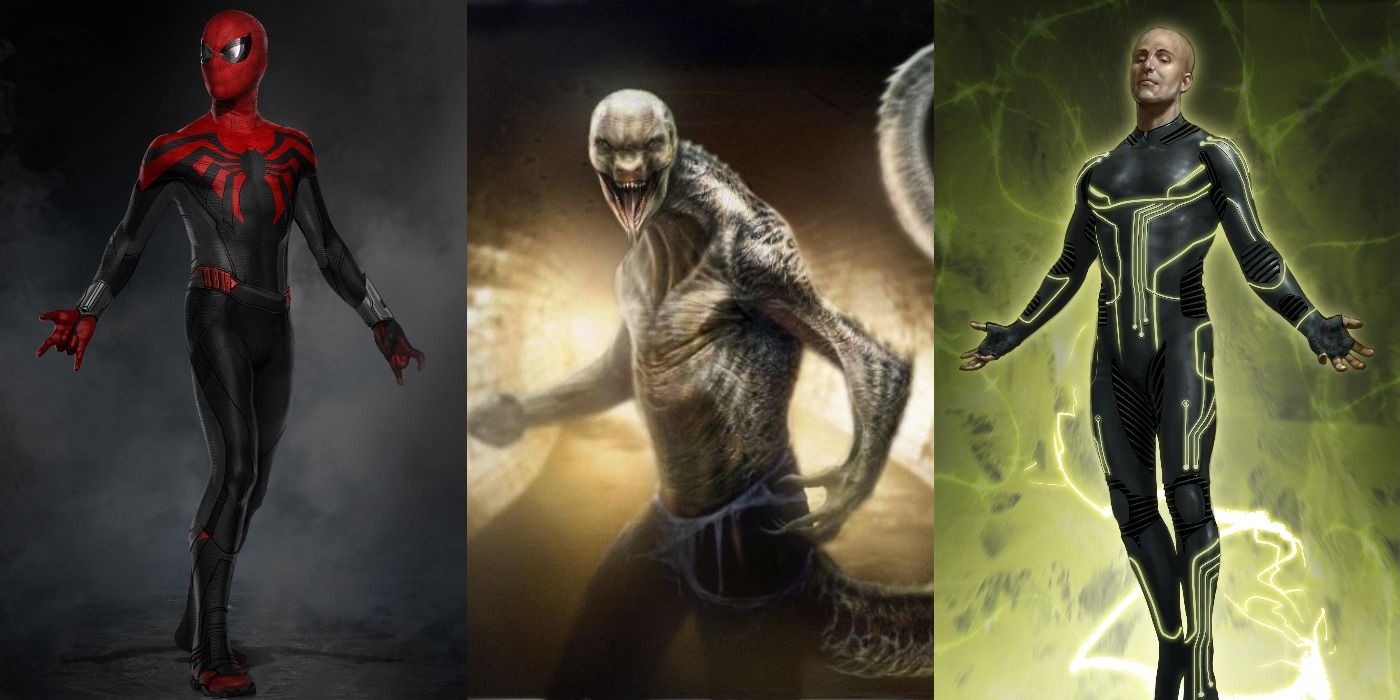 Split image of Spider-Man, Lizard and Electro Concept Art feature
