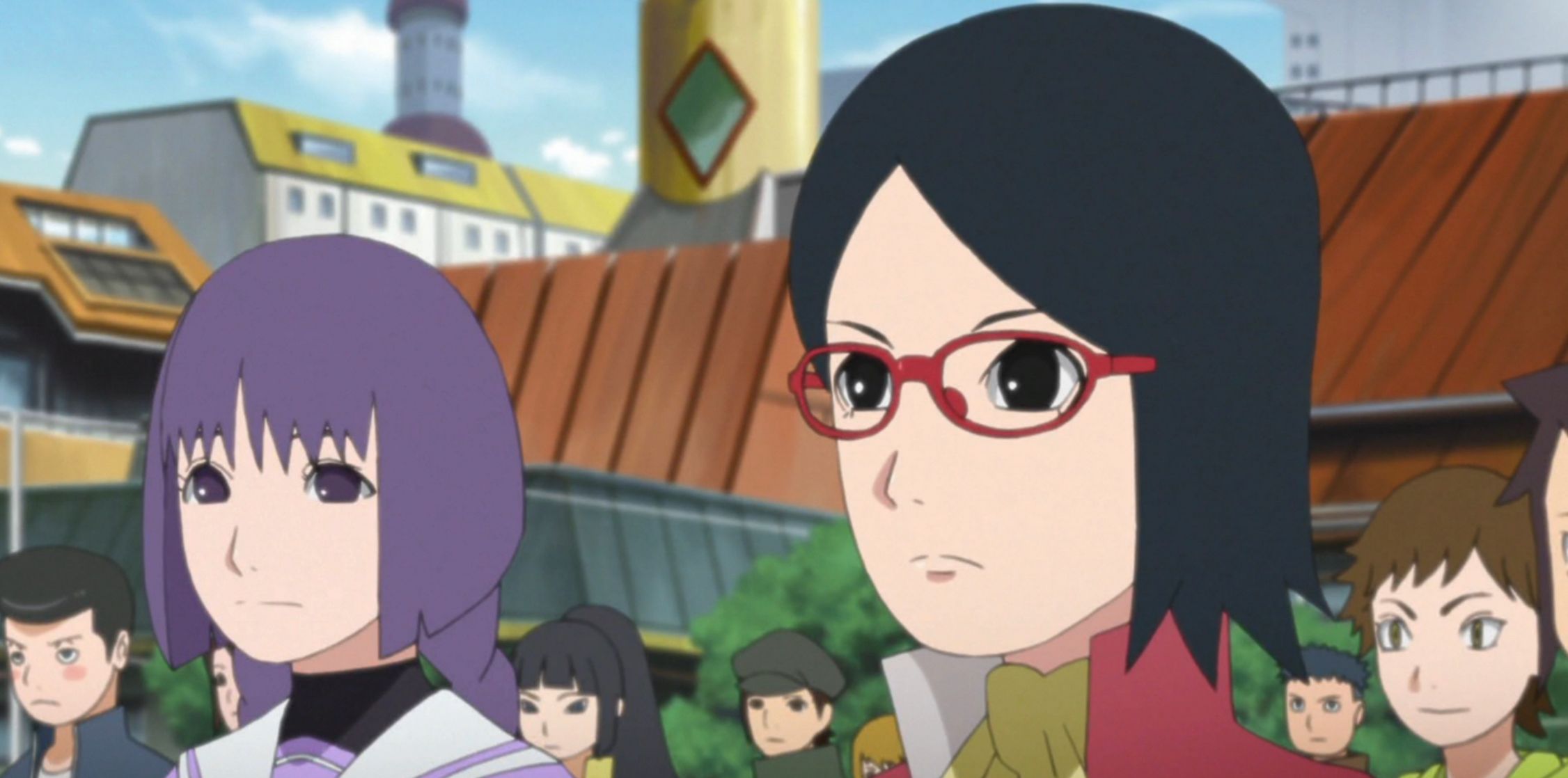 Sumire and Sarada stand in front of their classmates in Boruto