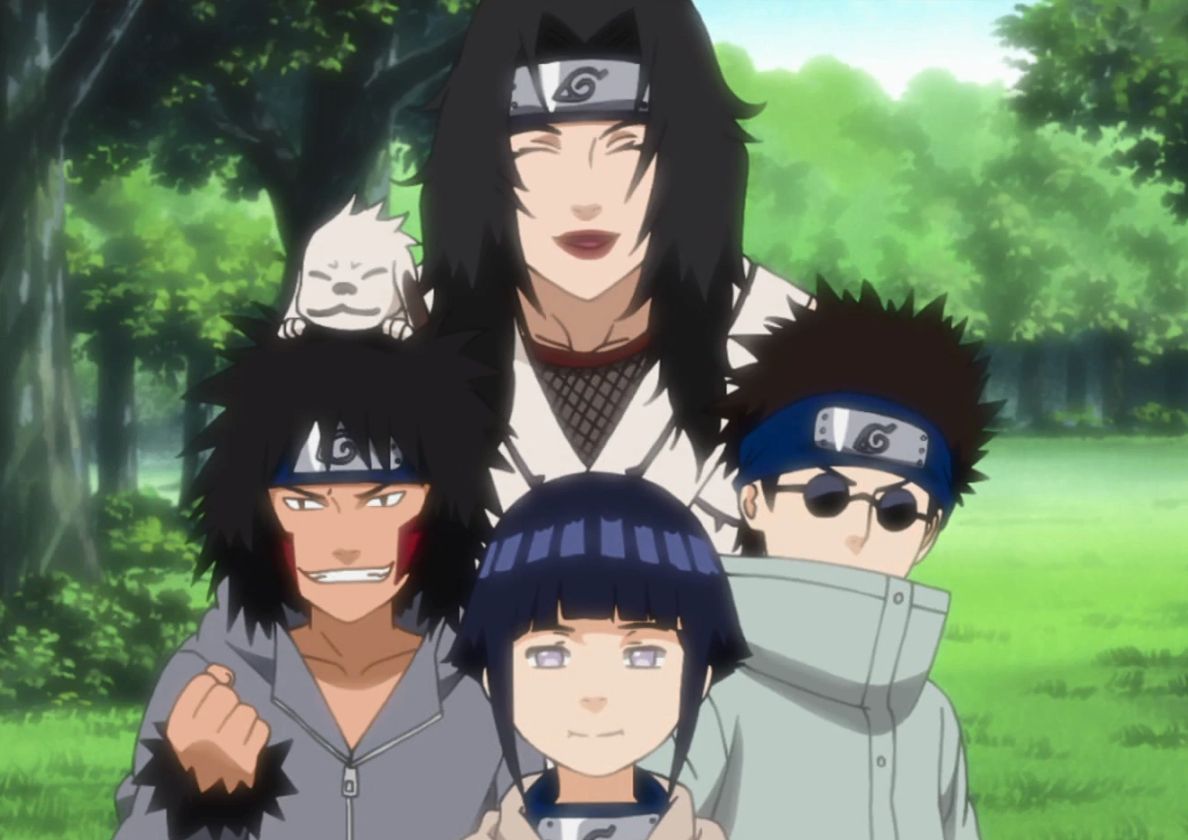Team 8 in Naruto is Kiba Hinata and Shino with Kurenai sensei