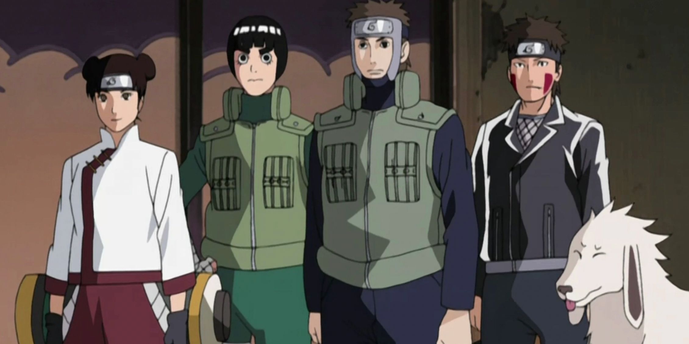 Tenten, Lee, Yamato, Kiba, and Akamaru stand together in Naruto Shippuden to form the Orochimaru Search Team 3