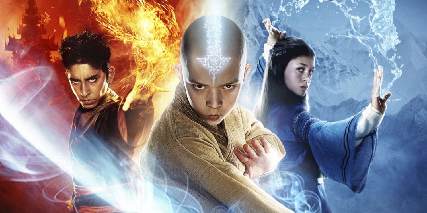 The Last Airbender movies poster with Sokka and Kitara on the sides with Aang in the center