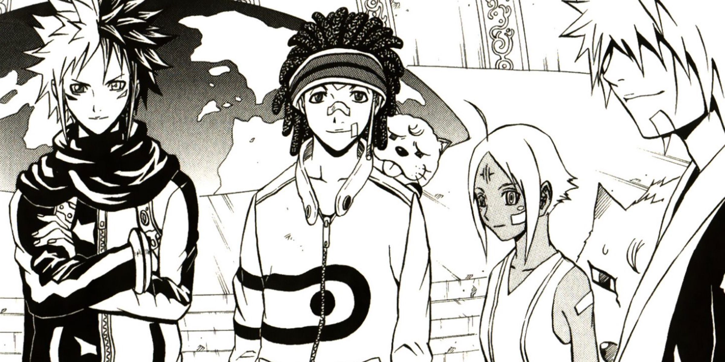 The O-Parts Hunter characters in black and white for the manga