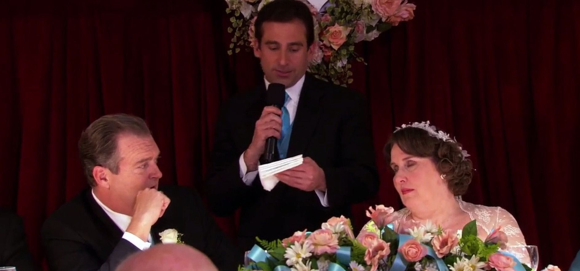 Michael (Steve Carell) giving a speech as Phyllis' wedding in The office