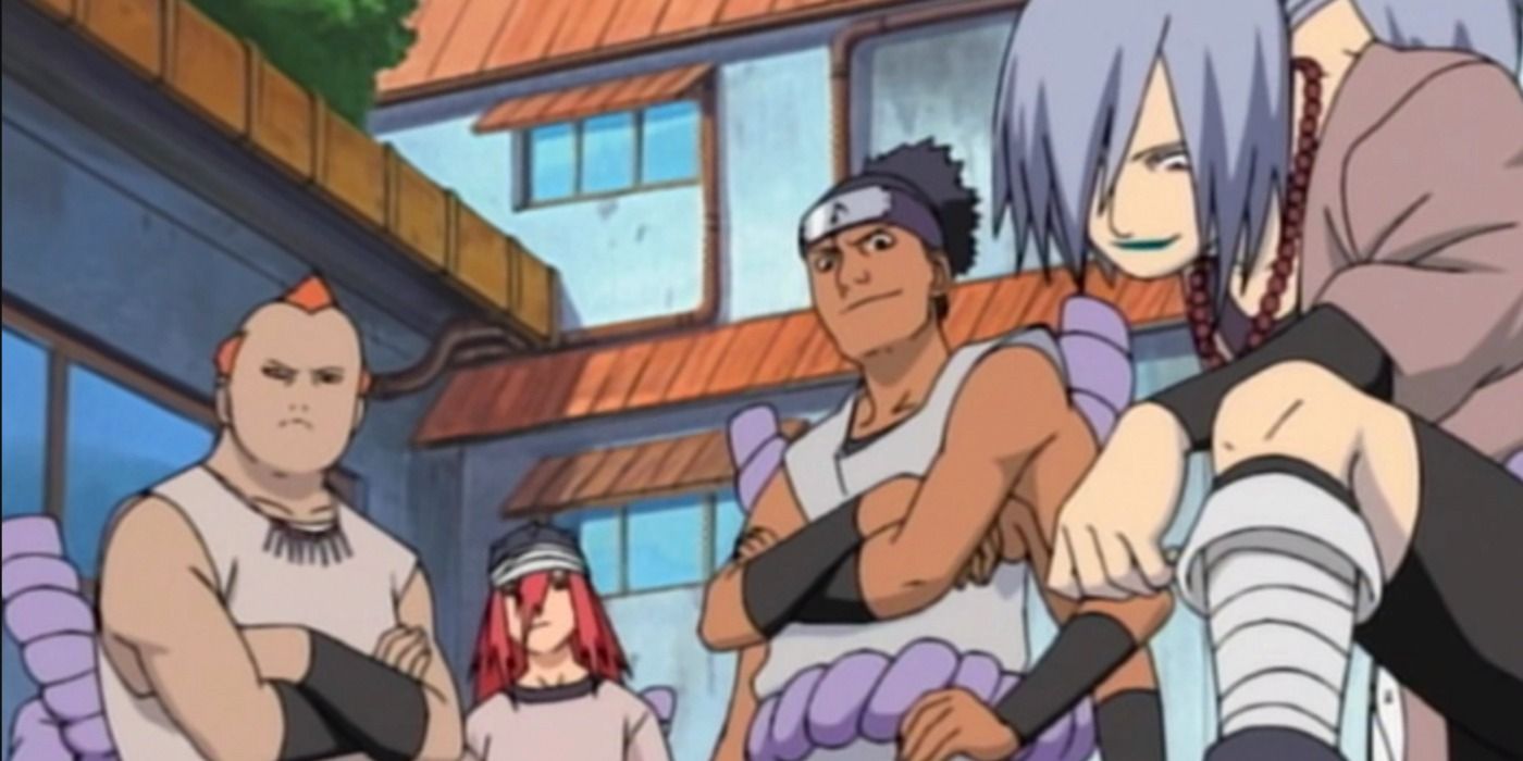 The Sound Four stand together in a courtyard in Konoha in Naruto
