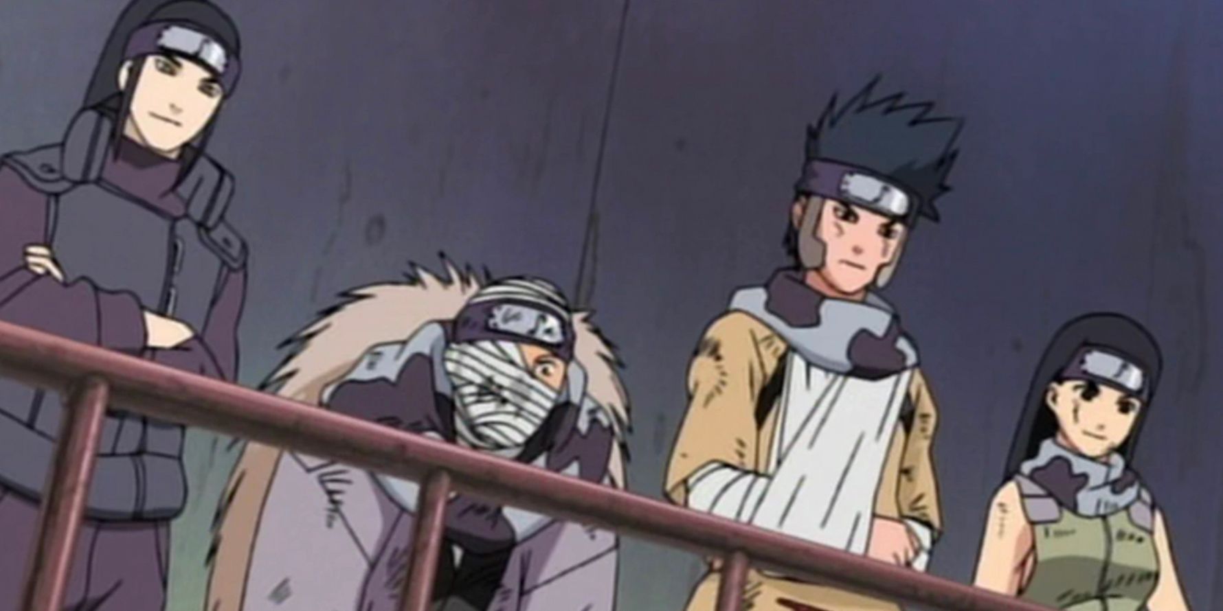 The Sound Genin stand with their disguised sensei behind a railing overlooking the Chunin Exams in Naruto