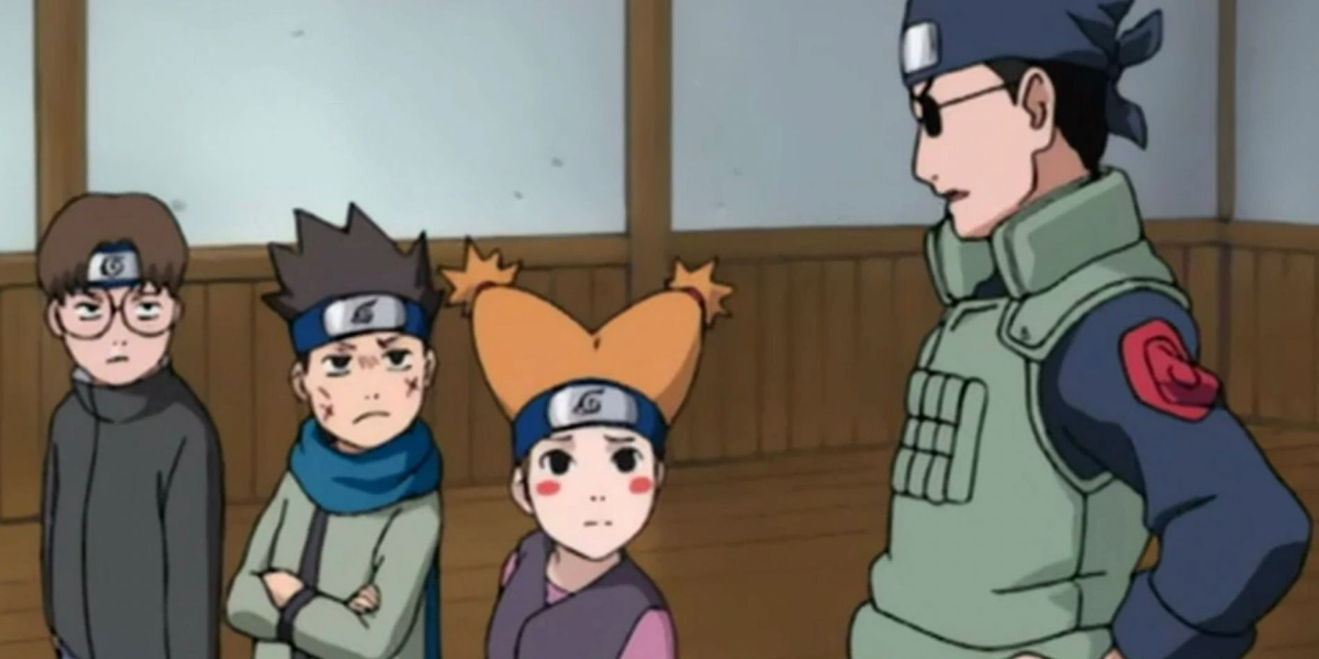 The members of Team Ebisu stand with their sensei in an office in Naruto