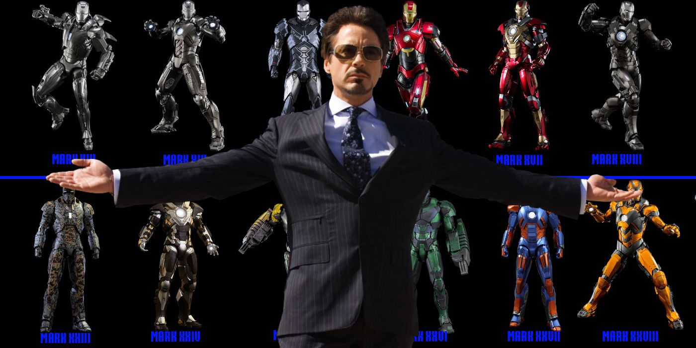 Tony Stark with Iron Man suits