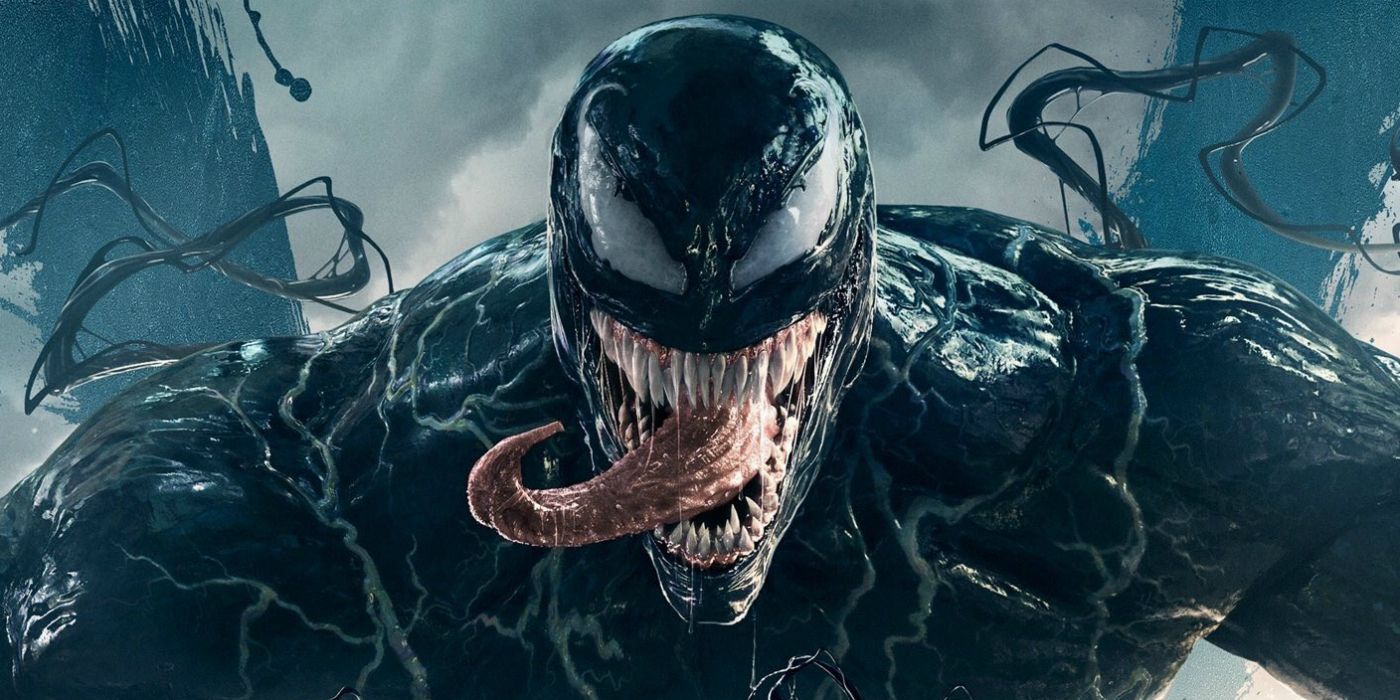 A promotional image from the 2018 Venom movie depicts Venom with his tongue out and black goo behind him