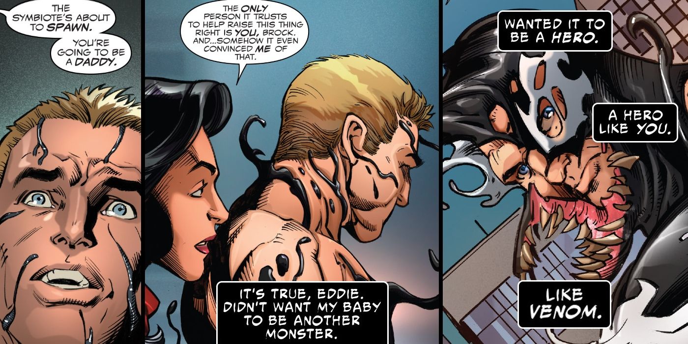 Three panels showing Eddie's transformation into Venom in Marvel Comics.