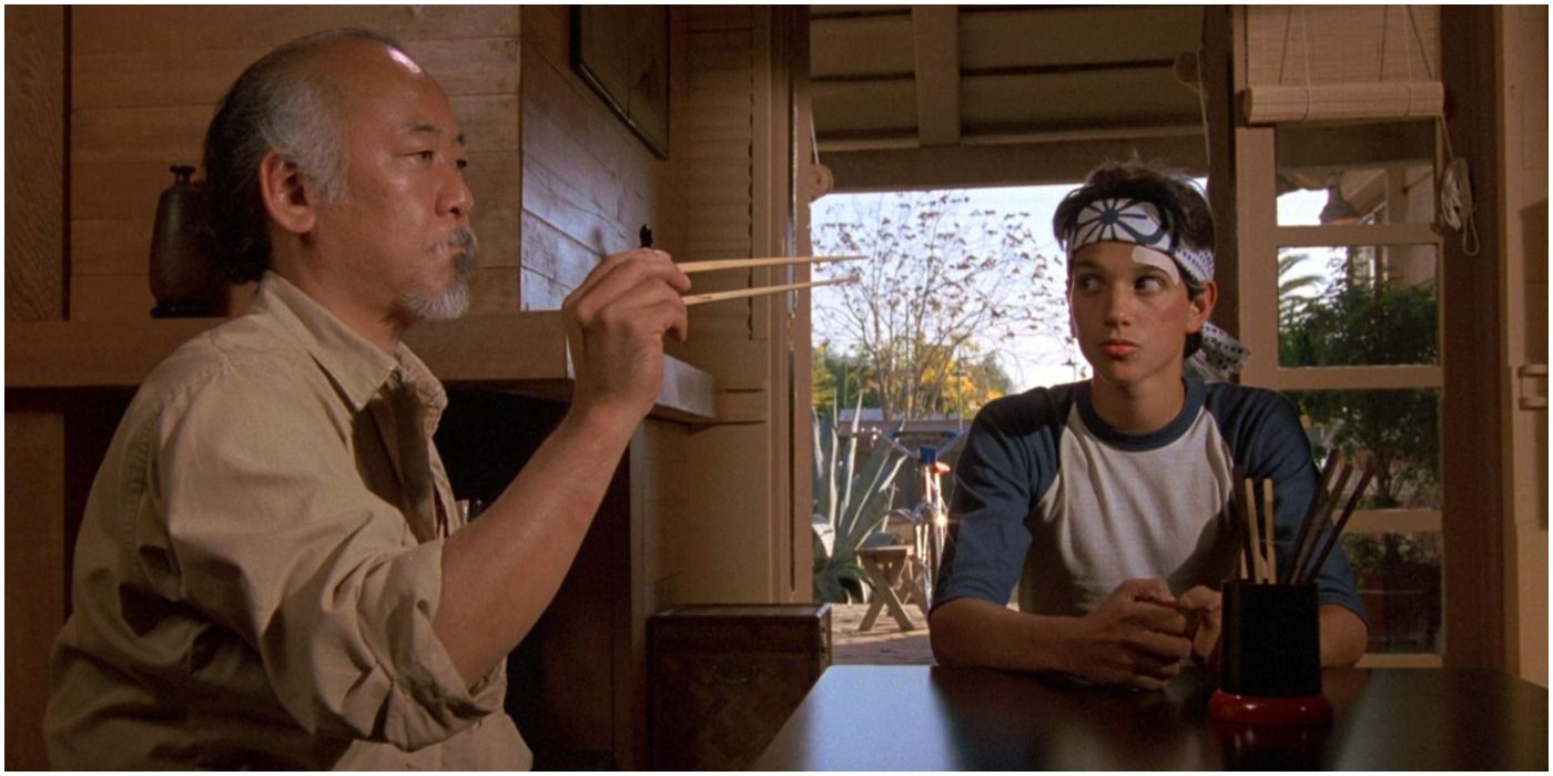 Pat Morita as Mr. Miyagi and Ralph Macchio as Daniel LaRusso in The Karate Kid