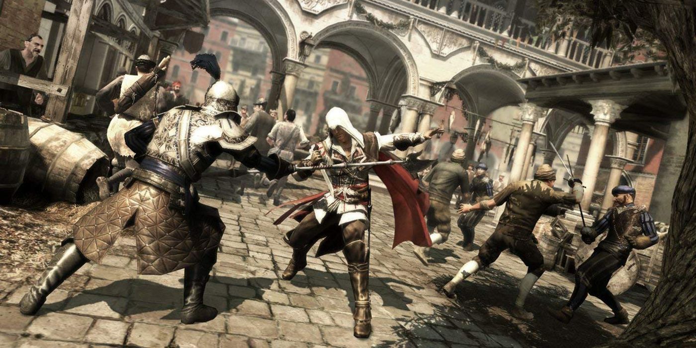 Assassin's Creed 2 Ezio surrounded by soldiers in town square