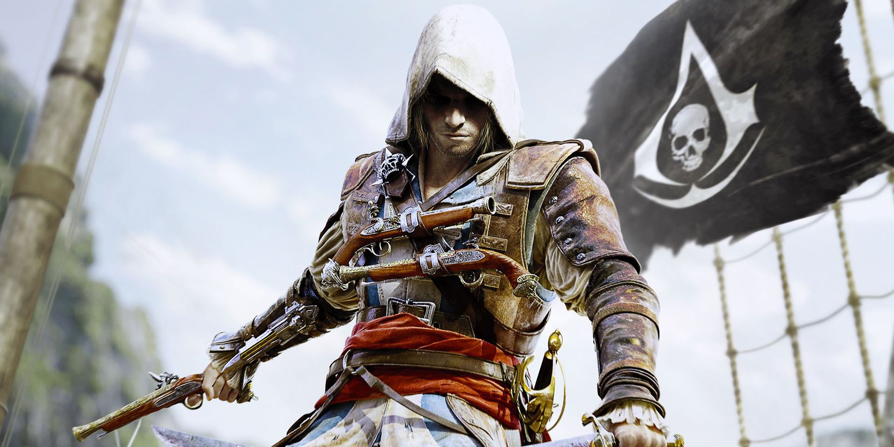 Assassin's Creed Black Flag protagonist Edward Kenway wielding a pistol in front of a pirate flag.