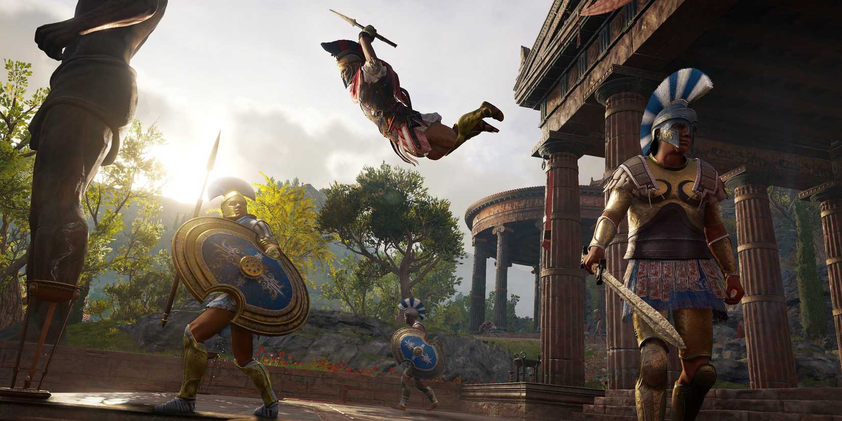 Assassin's Creed Odyssey promotional image of an airborne assassination