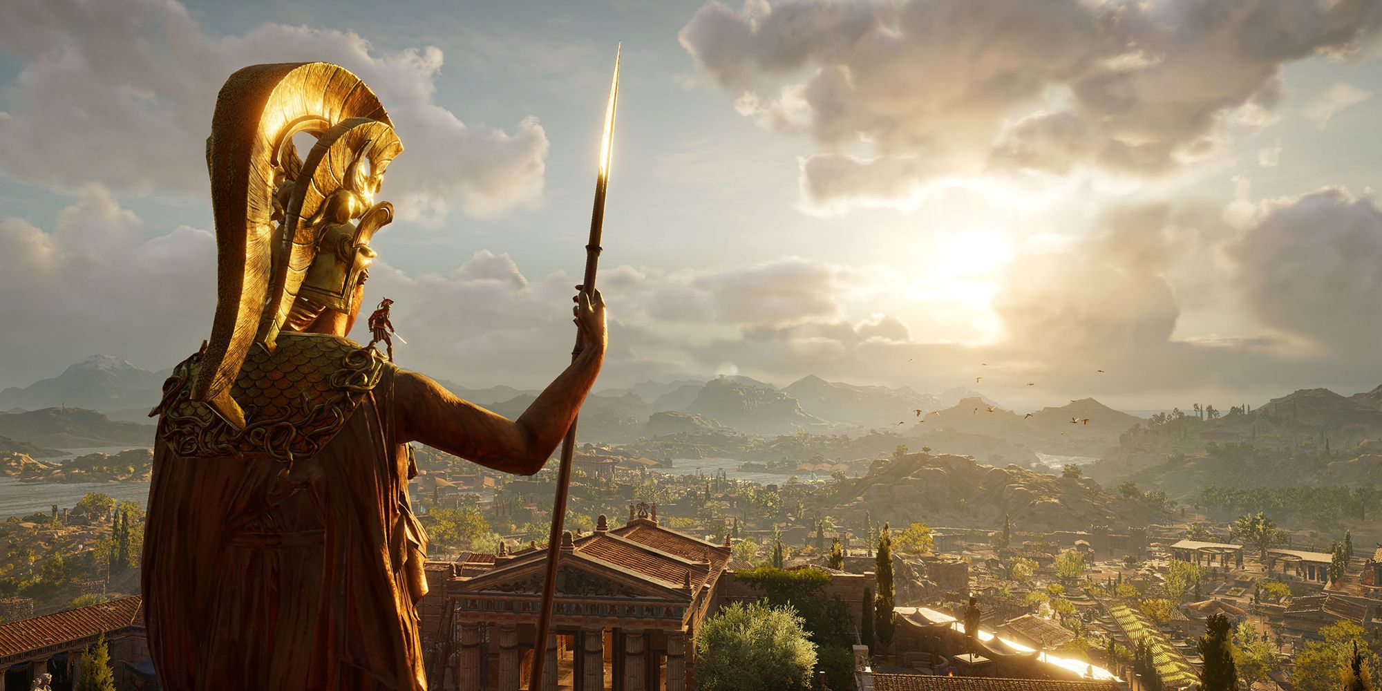 Alexios atop a giant statue overlooking a city at sunset in Assassin's Creed Odyssey.