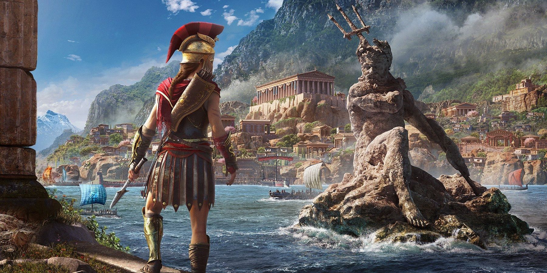 Assassin's Creed Odyssey screenshot of Kassandra in front of statue of Triton in a lake