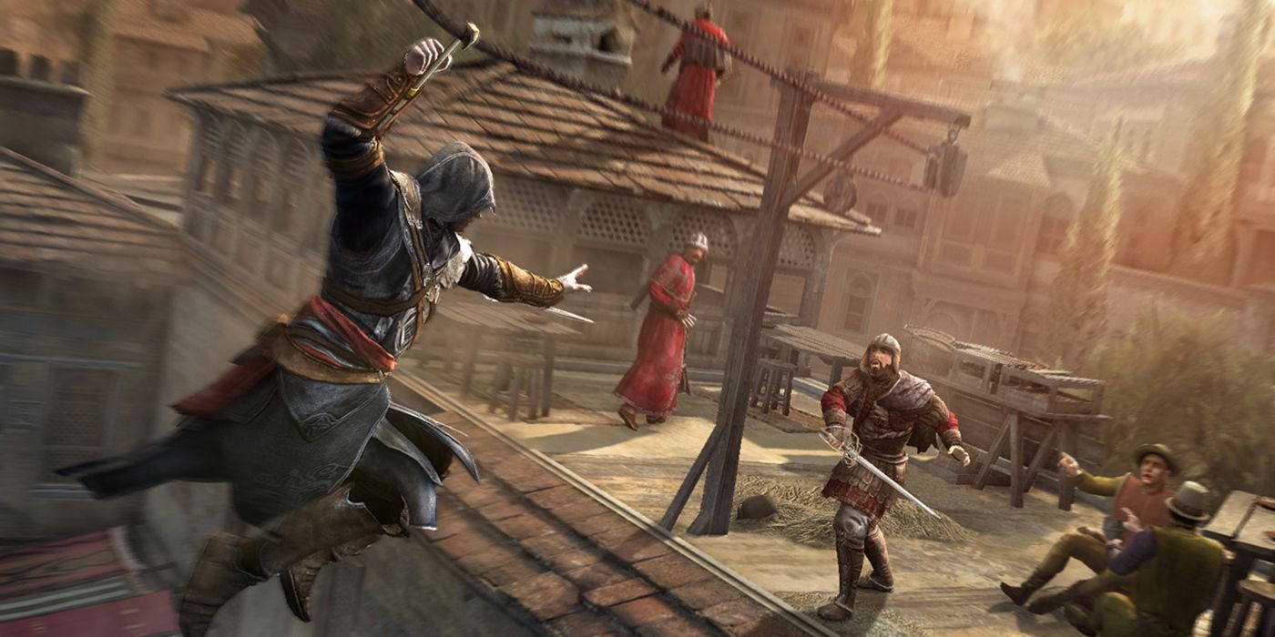 Ezio leaping towards a target in Assassin's Creed Revelations