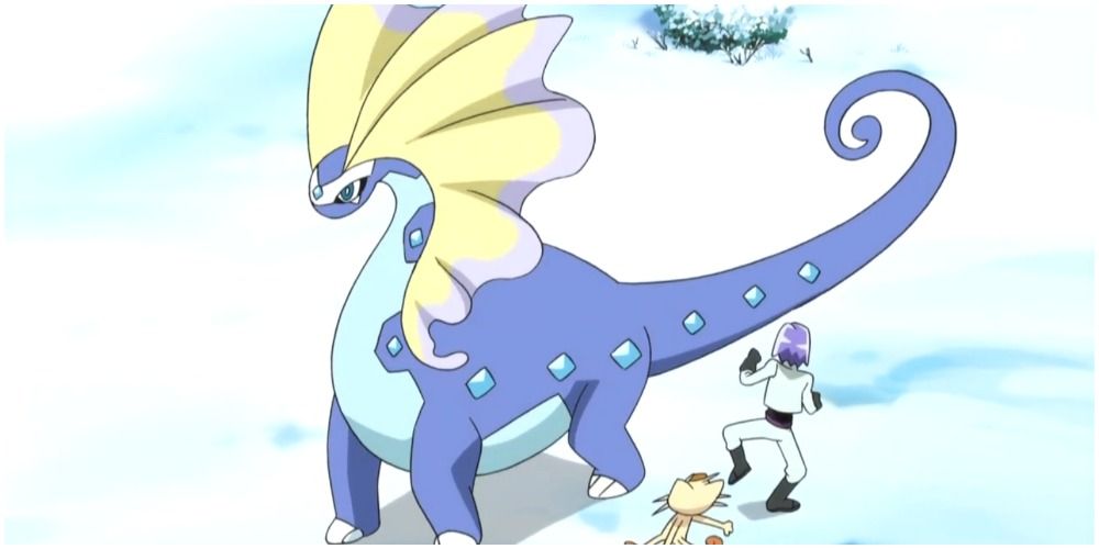 An Aurorus standing next to James and Meowth in the Pokémon anime