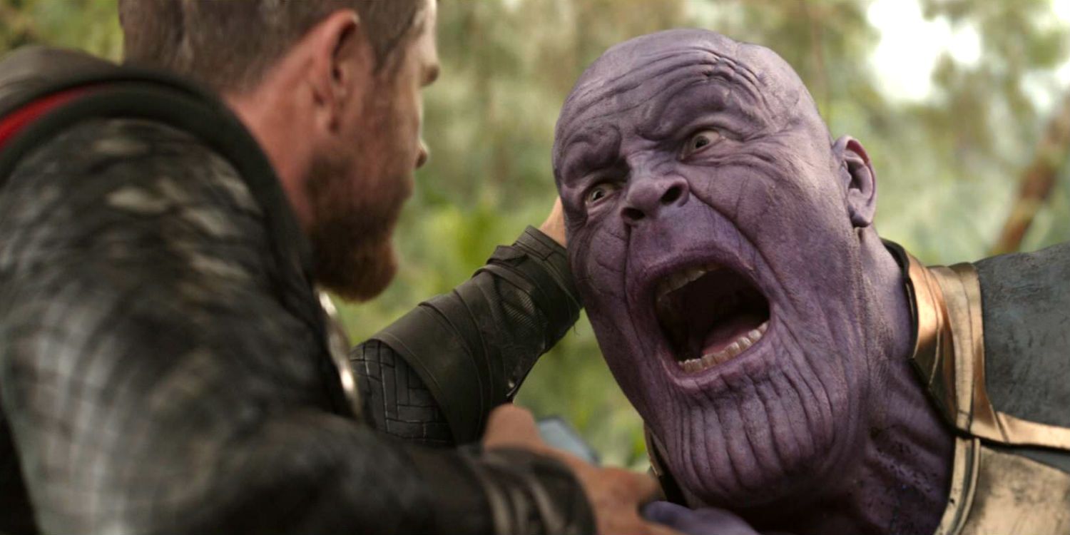 Thor stabbing Thanos in Avengers Infinity War