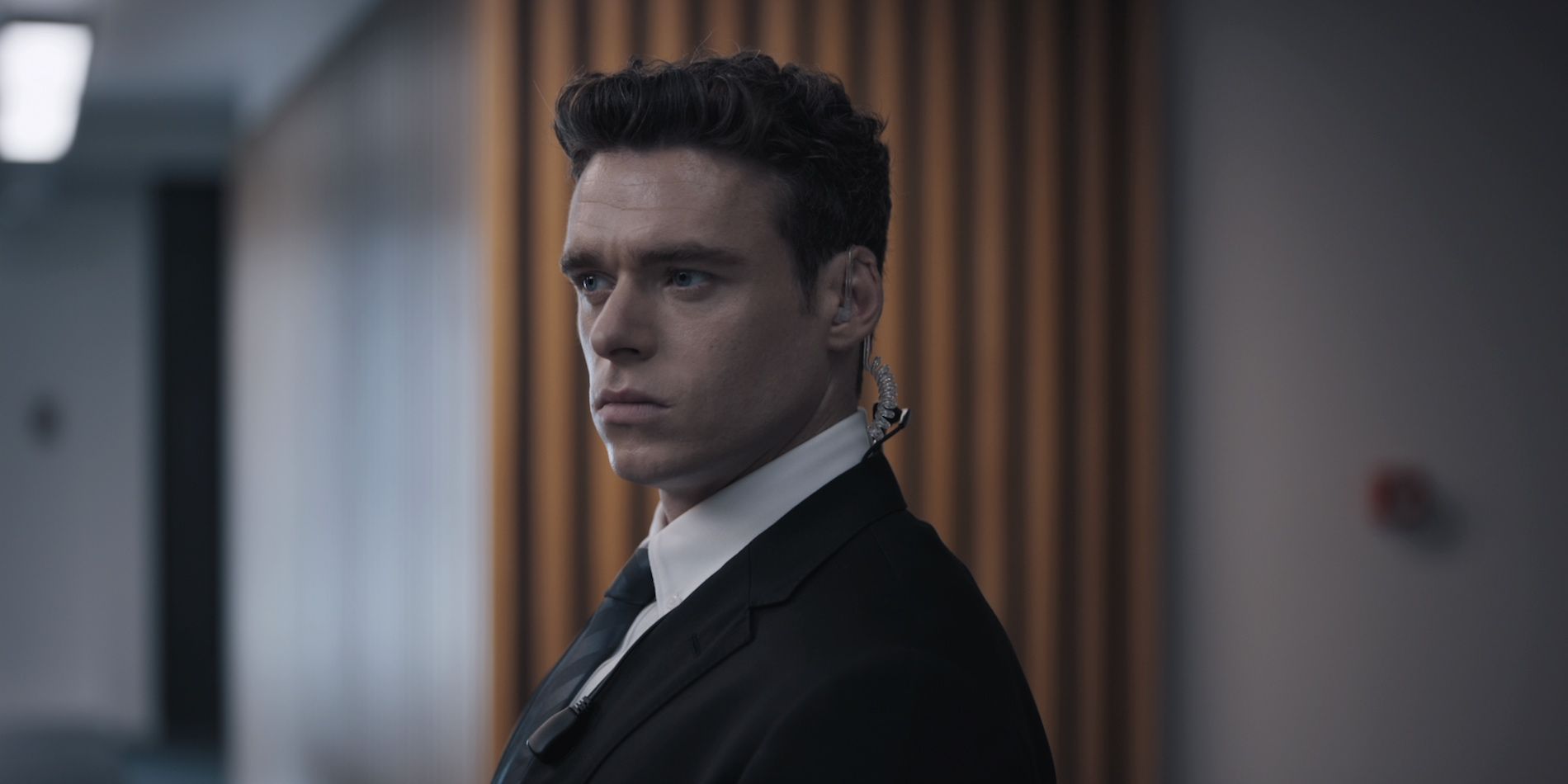 David Budd looking serious and clenching his jaw in Bodyguard
