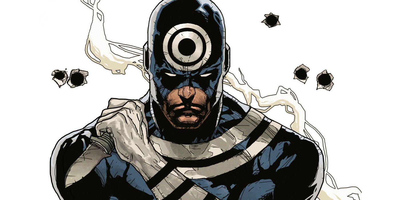 Bullseye holding a knife and surrounded by bullet holes in comic art