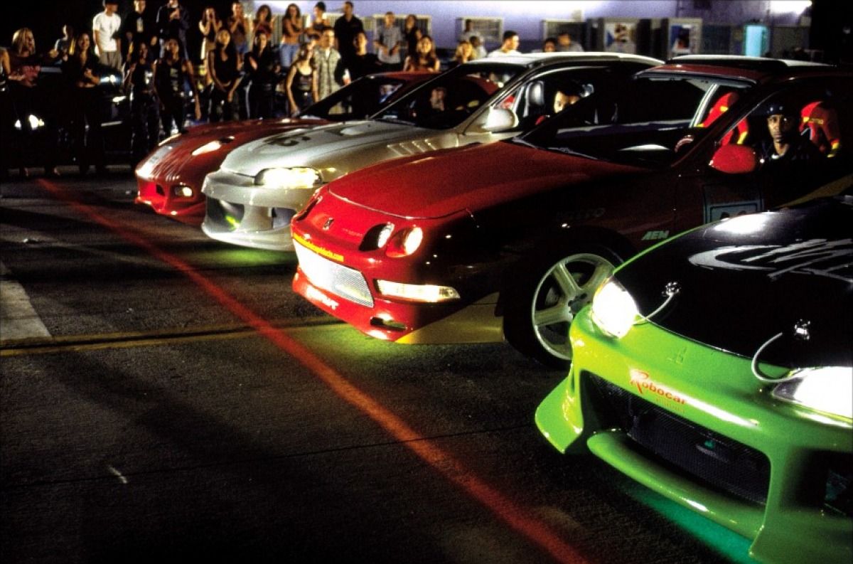 Cars lined up to race in The Fast and The Furious