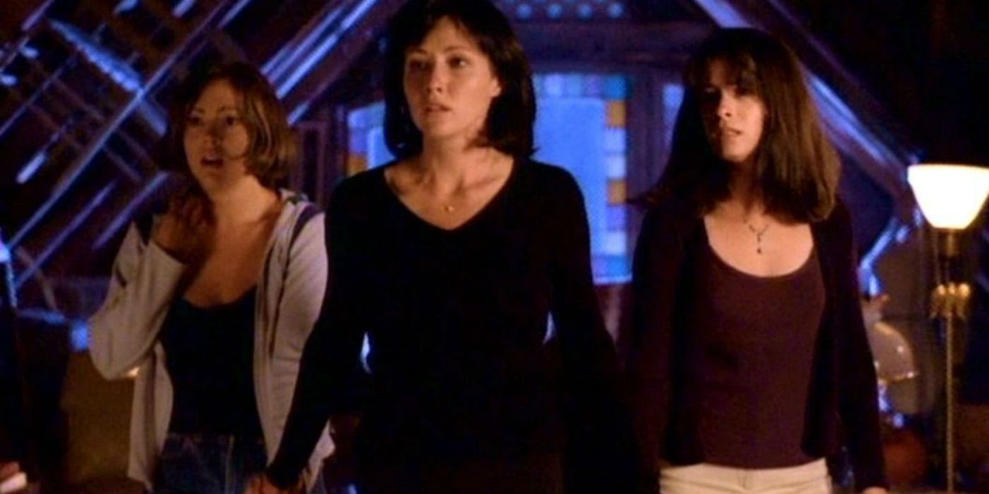 Piper, Prue, and Phoebe doing the Power of Three spell in the Charmed Pilot