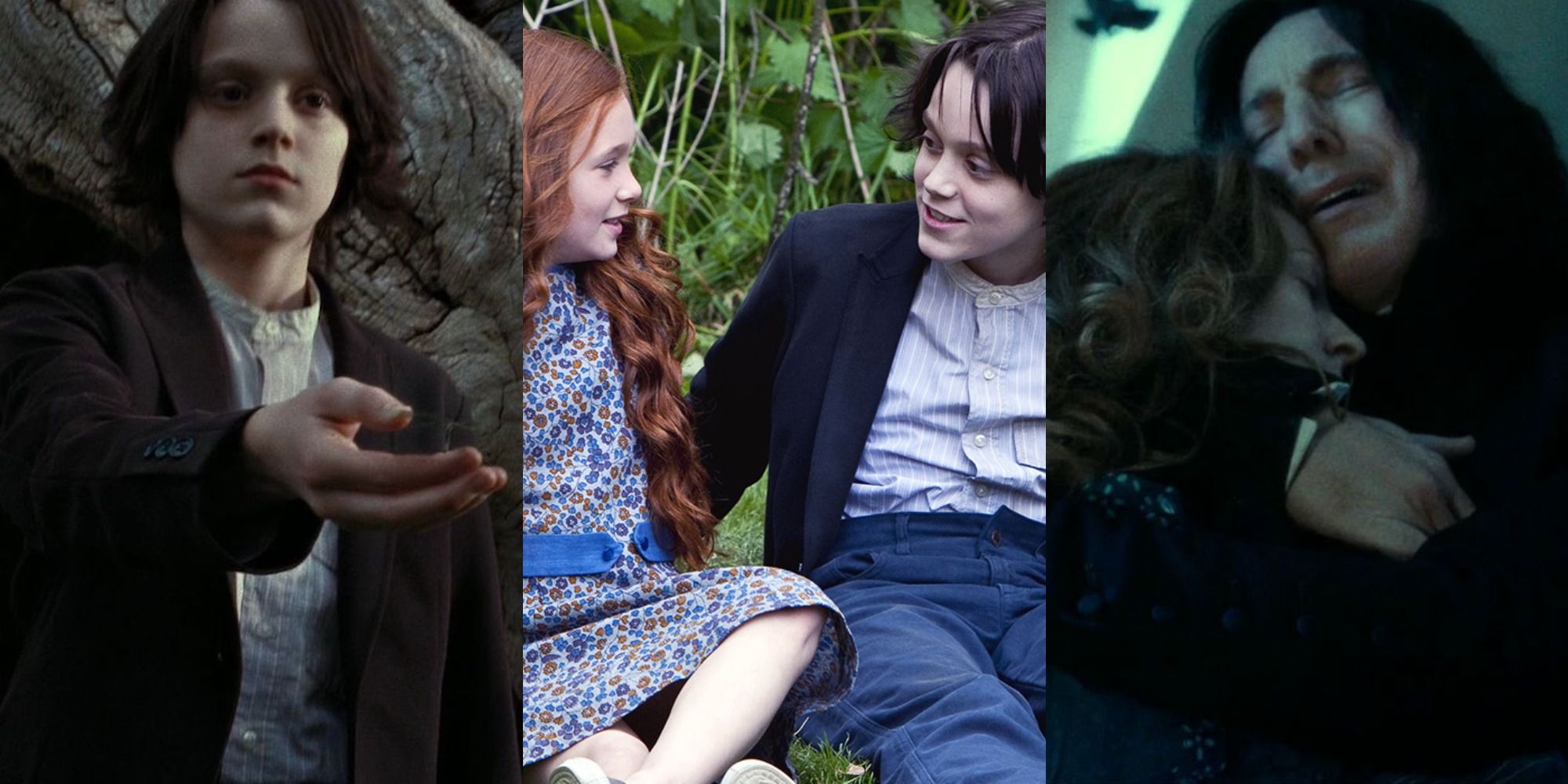 Collage of Young Snape reaching out his had, young Lily and Snape sitting on the grass and talking and adult Snape holding Lily's body