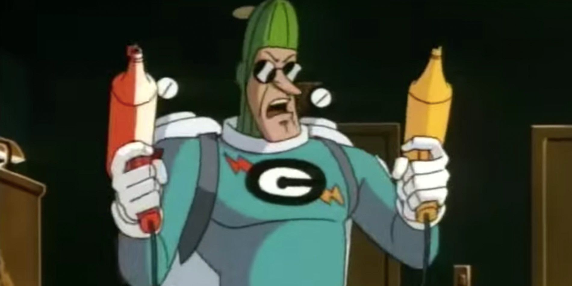 Condiment King holds a ketchup gun in Batman Animated Series