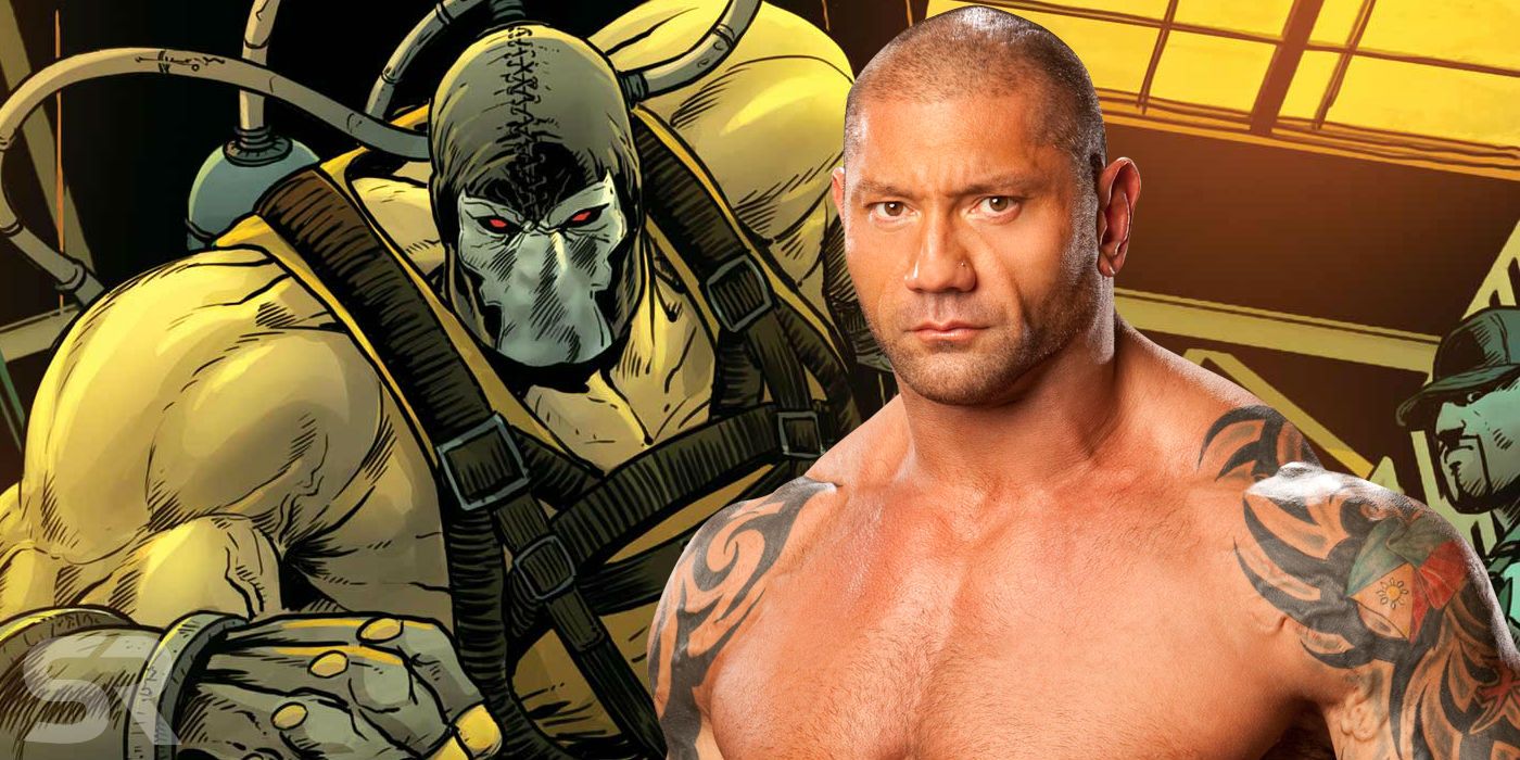 Split Image: Bane (comic book) hooks up to his super serum; Dave Bautista in his wrestling days