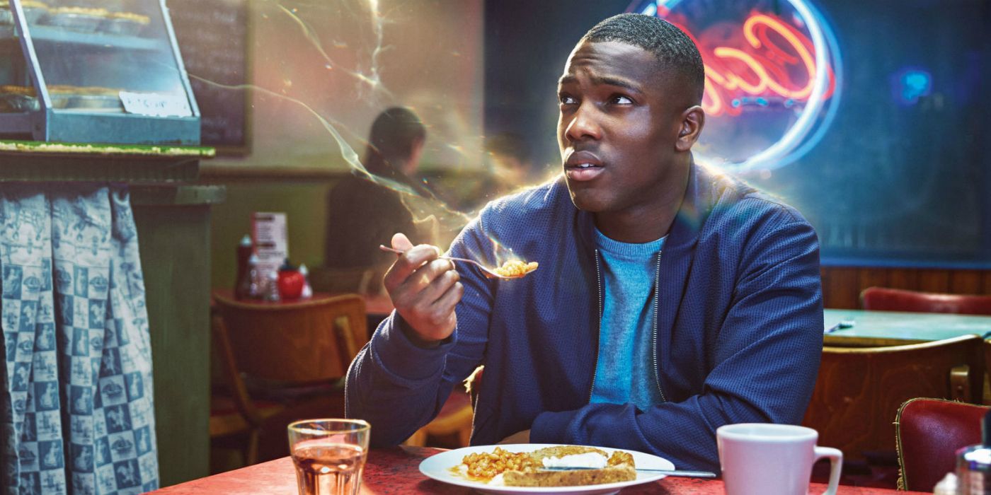 An image of Ryan eating his dinner in a diner in Doctor Who