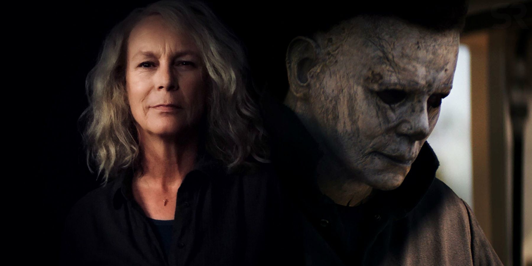 Imagem mesclada mostrando Laurie e Michael Myers no Halloween 2018.