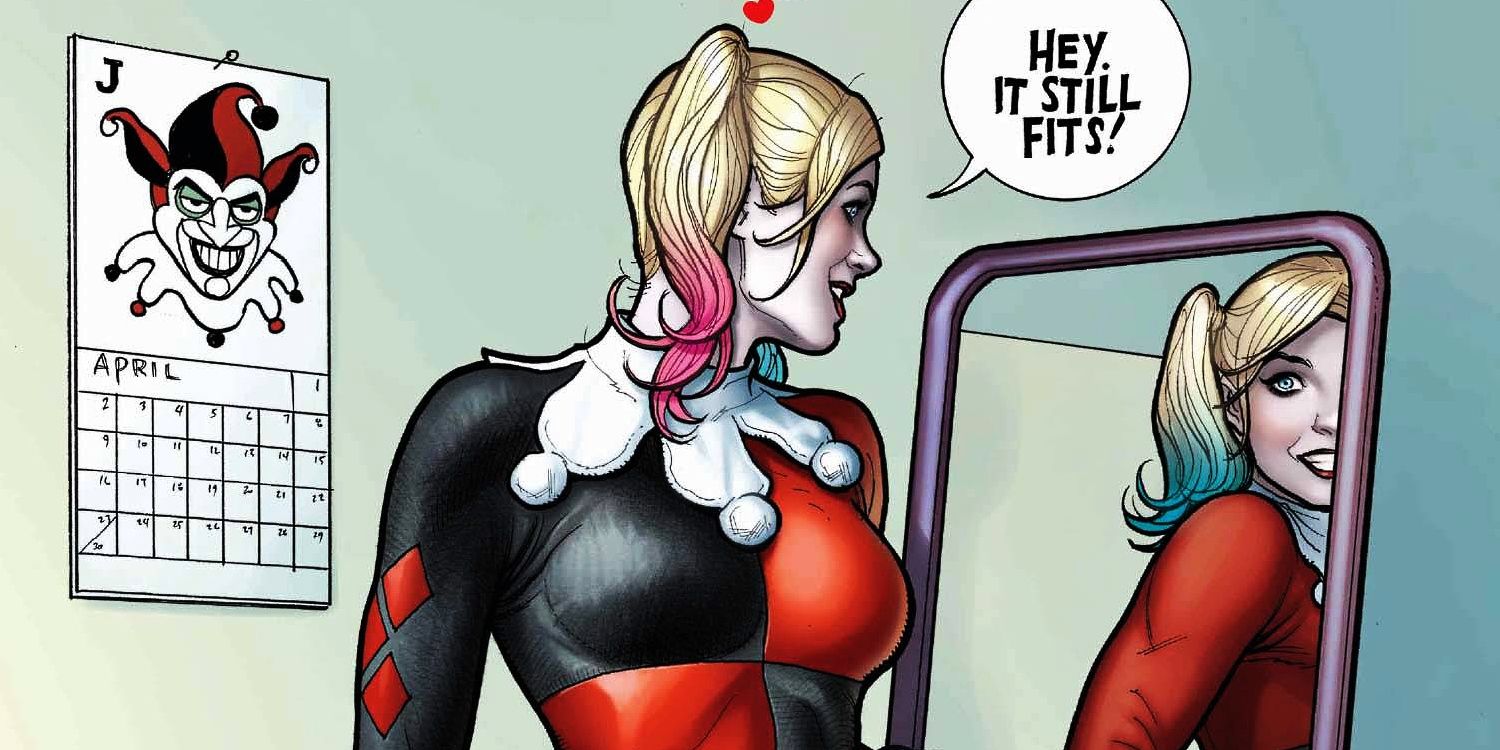 Harley trying on her original suit and looking on the mirror in DC Comics