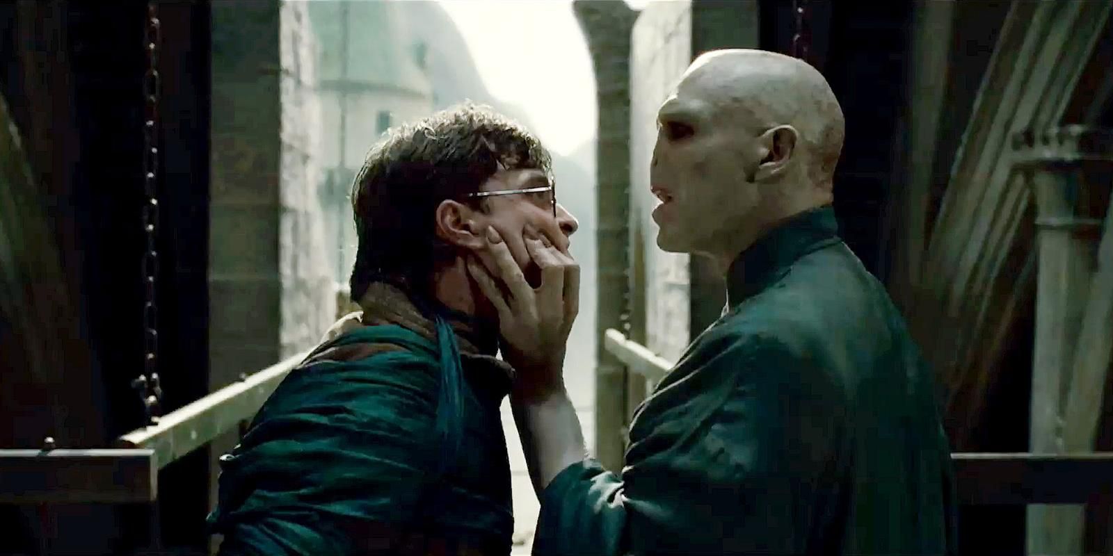Voldemort grabs harry's face in the final battle of Harry Potter and the Deathly Hallows - part 2