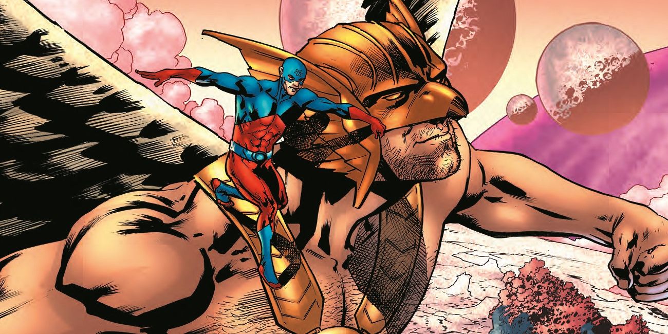 Hawkman flies with Atom on his shoulder in DC Comics