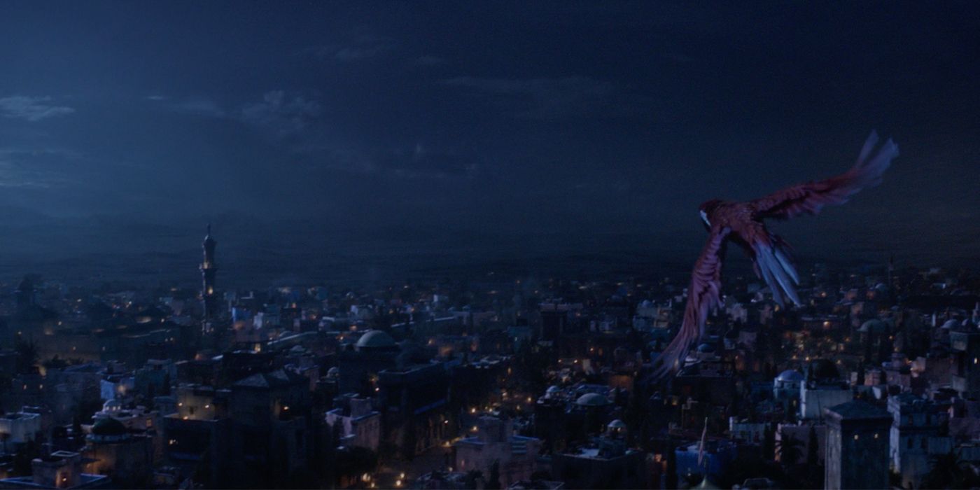 Iago flying over Agrabah in Aladdin teaser trailer