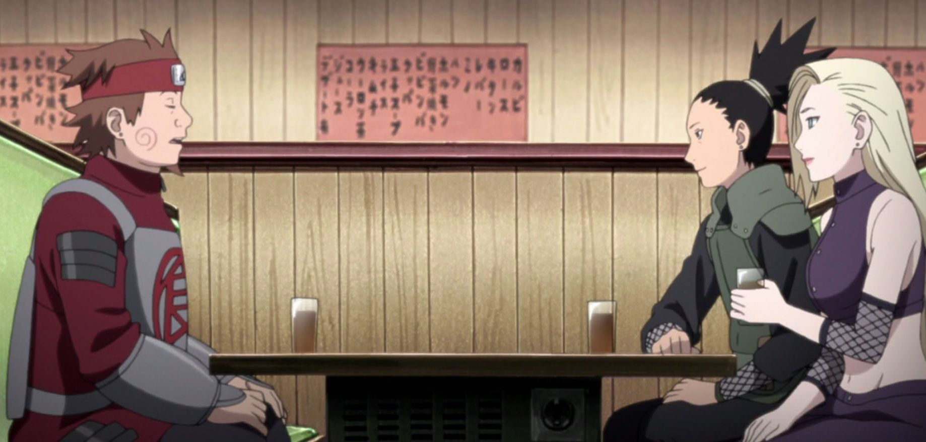 Choji, Shikamaru, and Ino sit together in a restaurant in Naruto: Shippuden