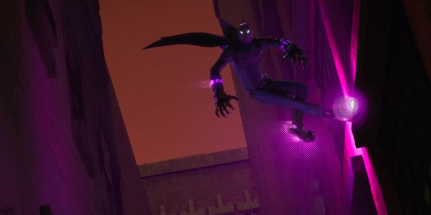 The prowler leaps off a wall in Spider-Man into the Spider-Verse