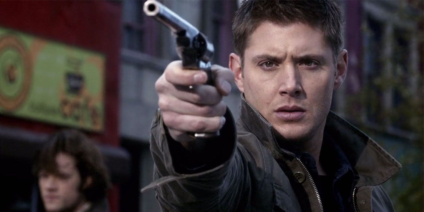 Jensen Ackles as Dean Winchester in Supernatural pointing gun