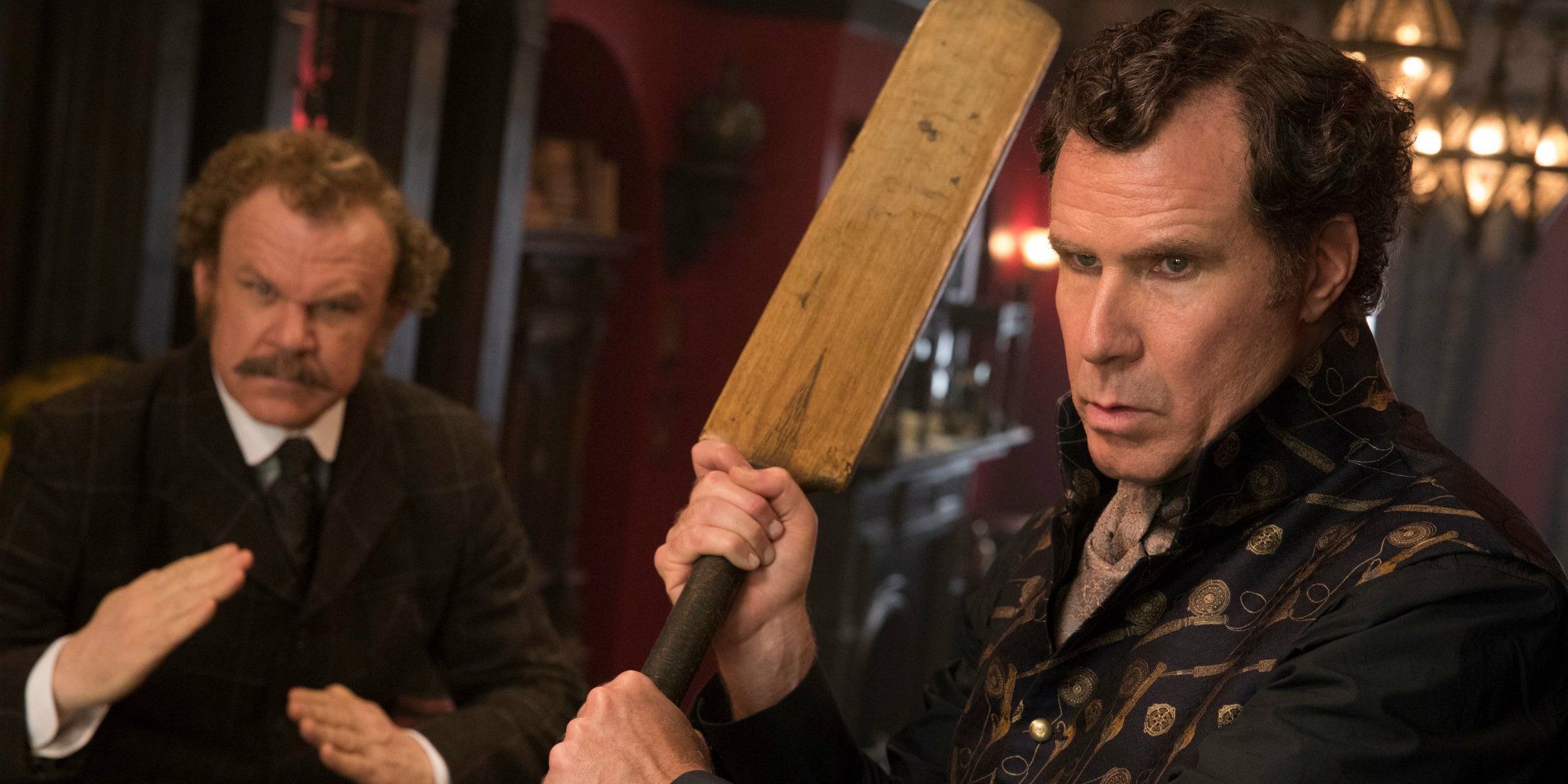 Sherlock holds up a baseball bat in Holmes &amp; Watson
