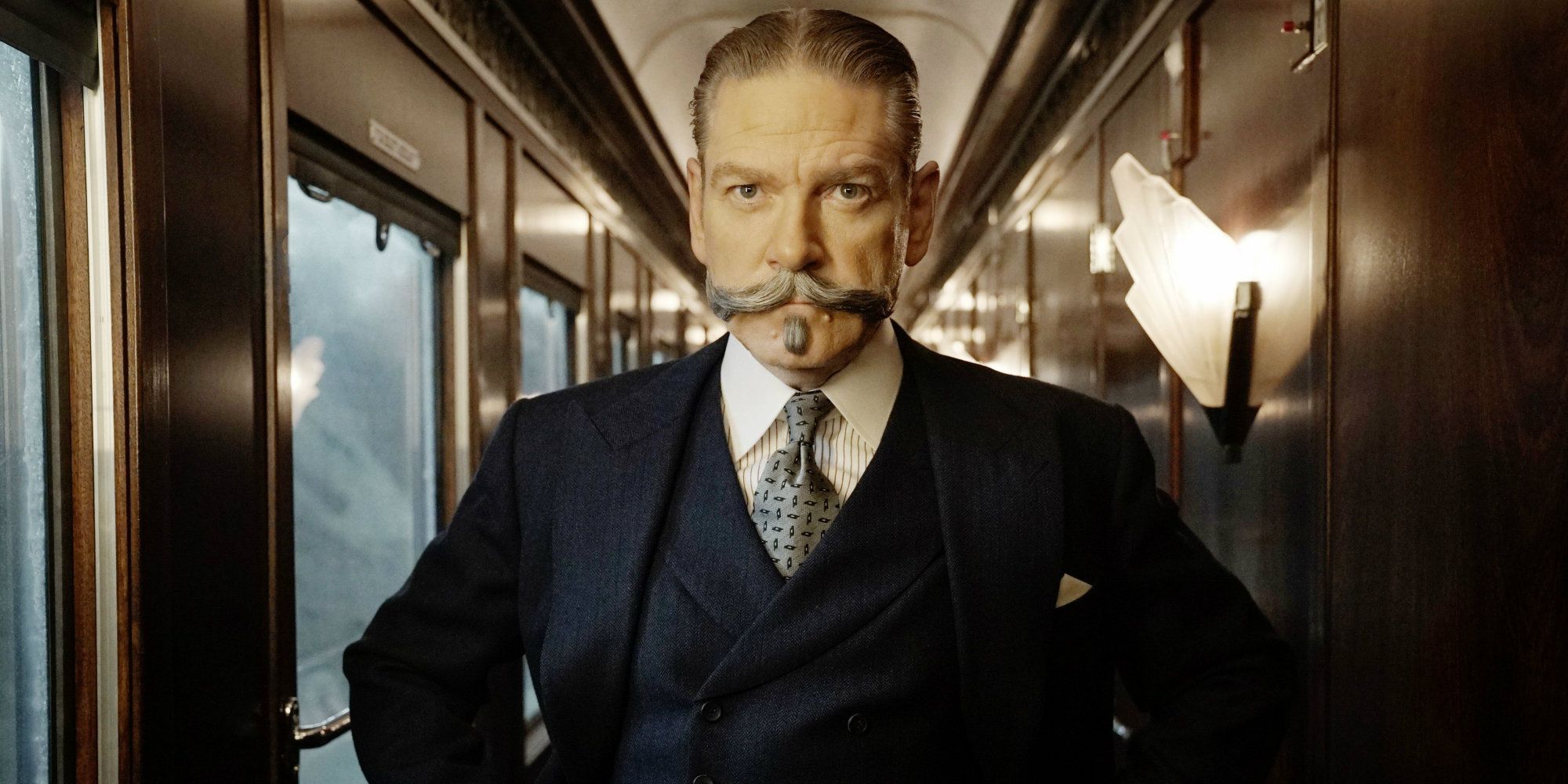 Hercule Poirot on a train in Murder on the Orient Express
